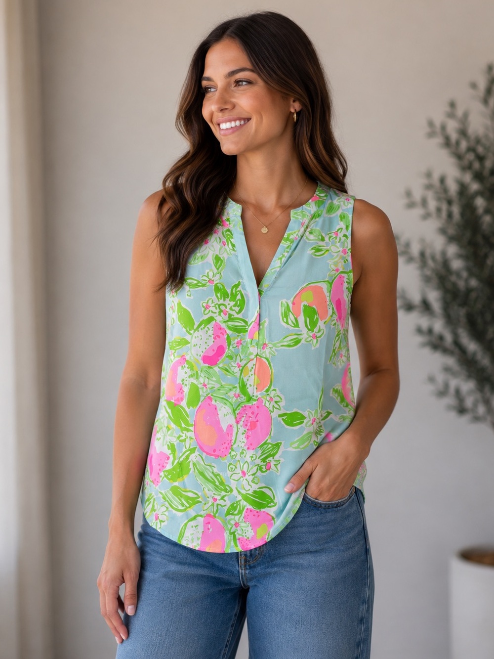 Lilly Pulitzer Aqua Floral Sleeveless V-Neck Tank with Pink Accents